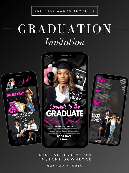 Pink and black graduation invitation template cover, editable in Canva