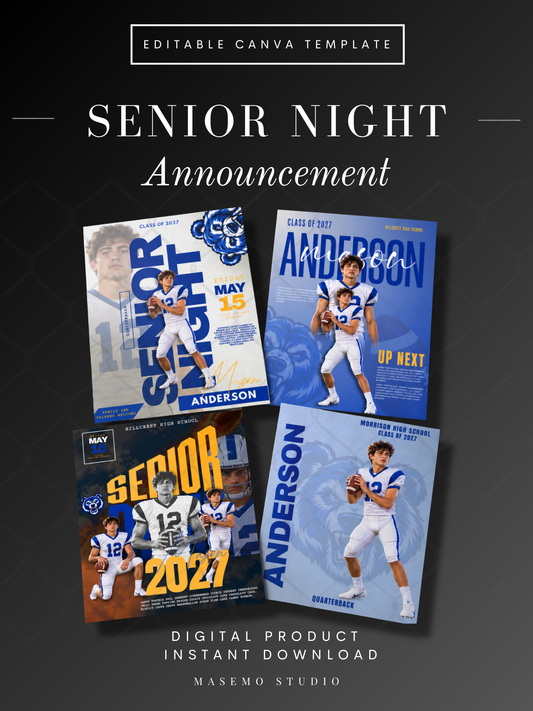 Football senior night template bundle with four editable Canva designs in blue and gold, instant download, Masemo Studio
