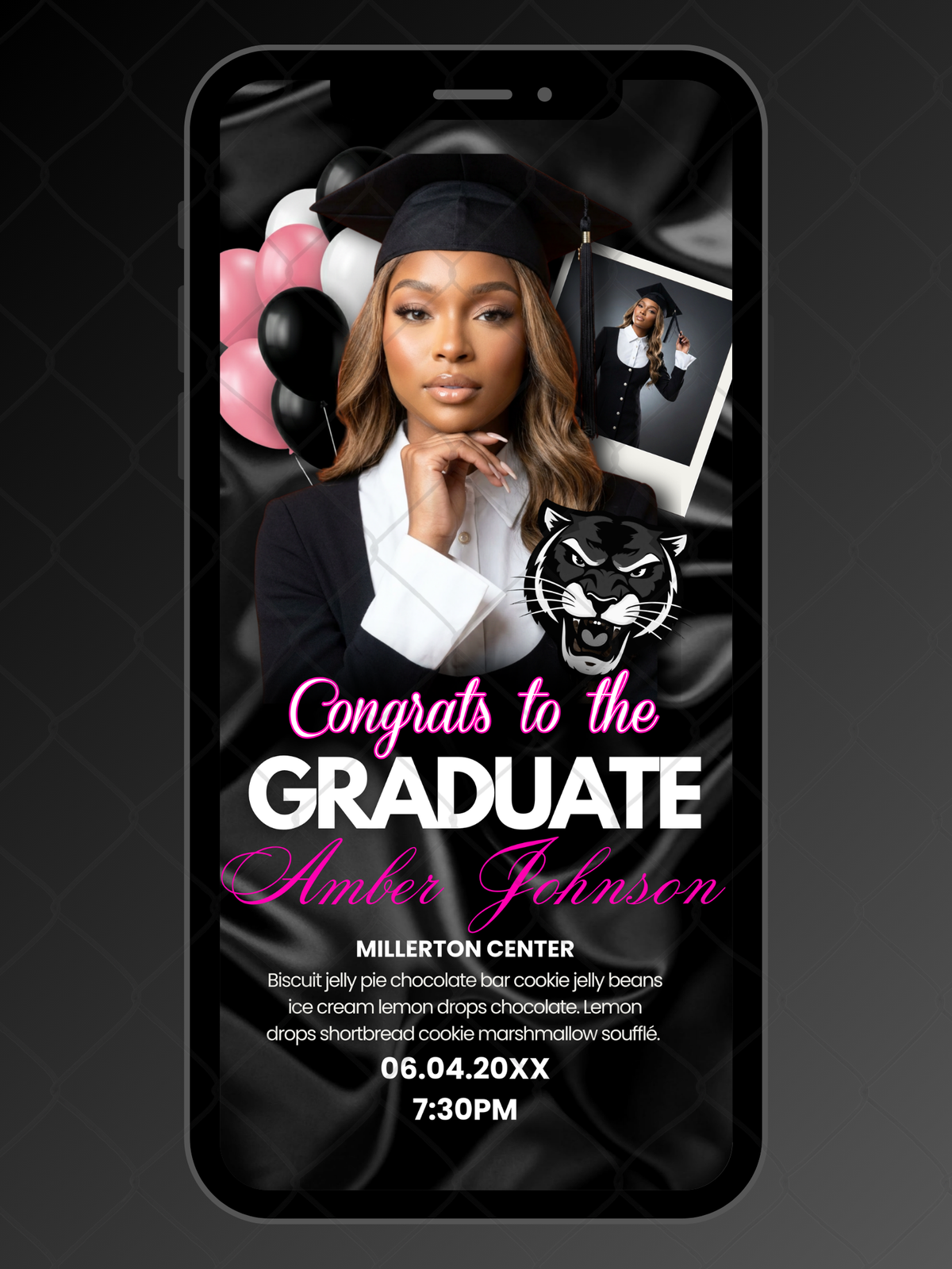 Pink and black graduation invitation phone mockup