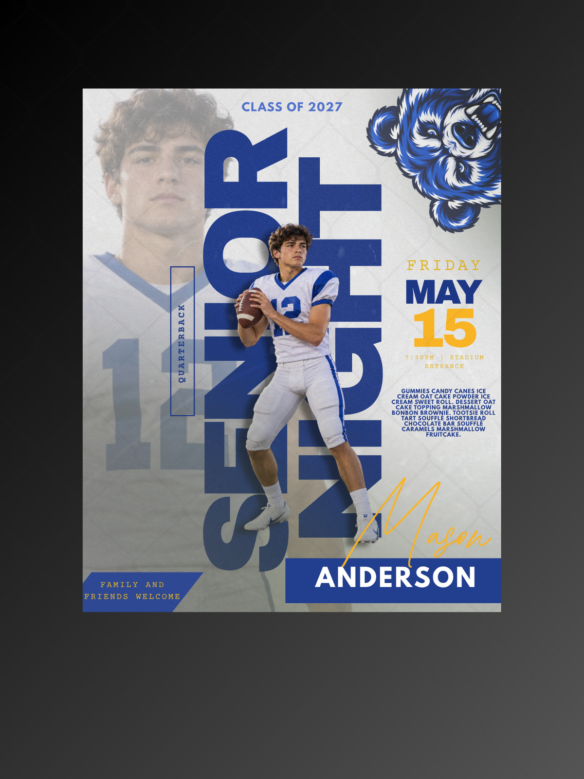 Senior night poster template with large vertical text, football player photo, date and time, editable in Canva
