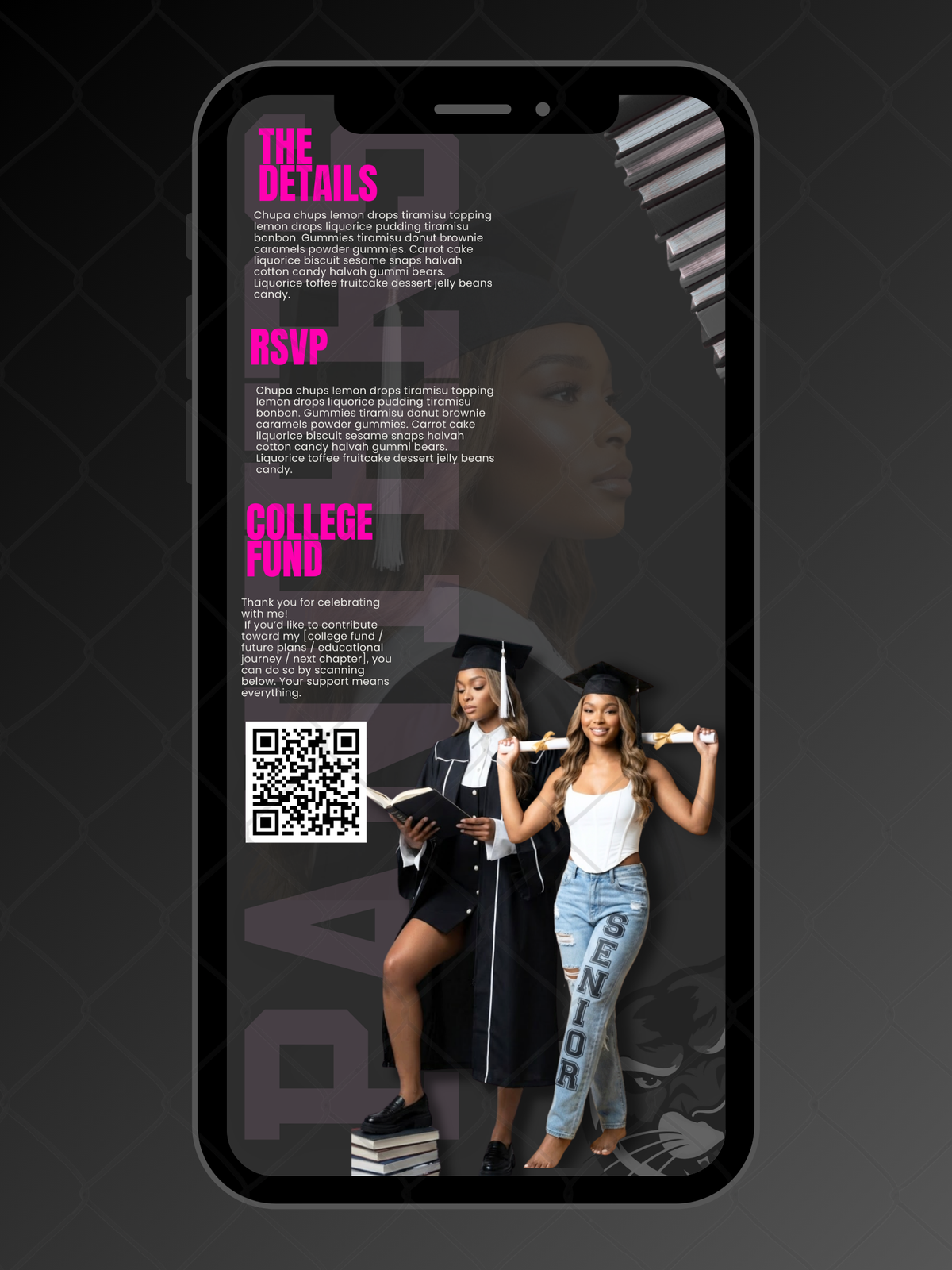 Pink and black graduation invitation details page