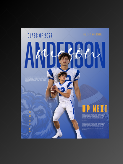 Football senior night template with athlete name, up next layout, and bear mascot in blue, editable in Canva