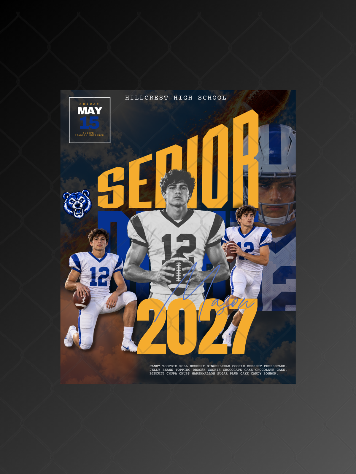 Senior football template in gold and navy with three player photos and flame effect, editable in Canva