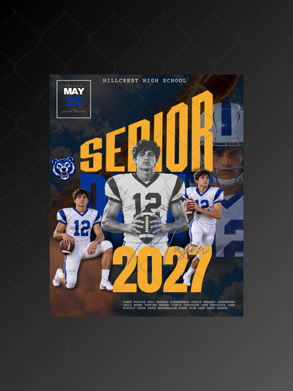 Senior football template in gold and navy with three player photos and flame effect, editable in Canva