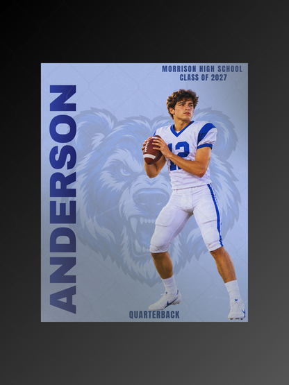 Football player name poster template with vertical name, position, and light blue mascot background, editable in Canva