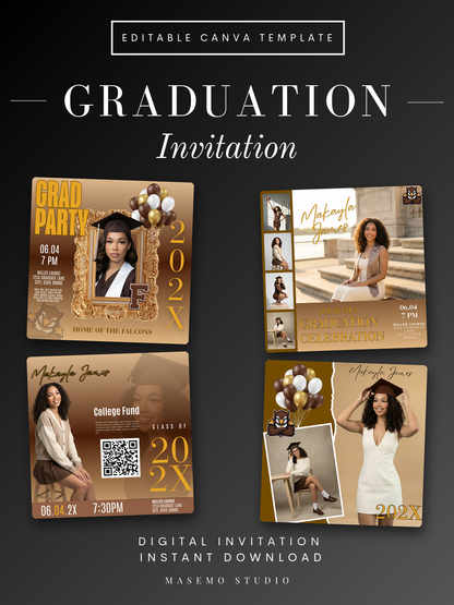 Brown and gold editable Canva graduation invitation template bundle with four grad party designs, instant download, Masemo Studio